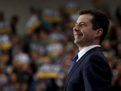 Former South Bend, Indiana Mayor Pete Buttigieg speaks at a town hall campaign event at Needham Broughton High School, February 29, 2020, in Raleigh, North Carolina.