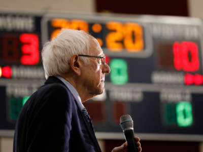 Sen. Bernie Sanders speaks at a campaign rally at Salina Intermediate School on March 7, 2020, in Dearborn, Michigan.