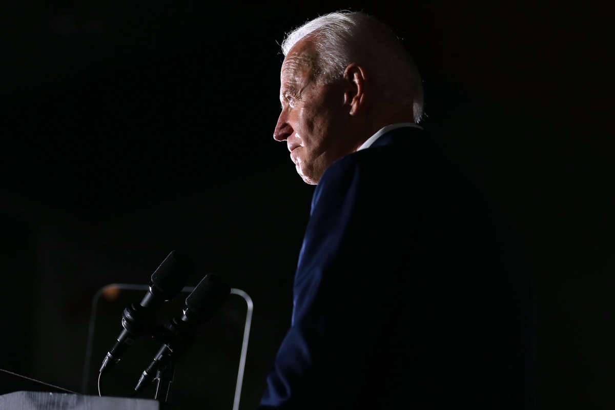 Former Vice President Joe Biden reacts while giving a speech during a campaign event at Tougaloo College in Tougaloo, Mississippi, on March 8, 2020.