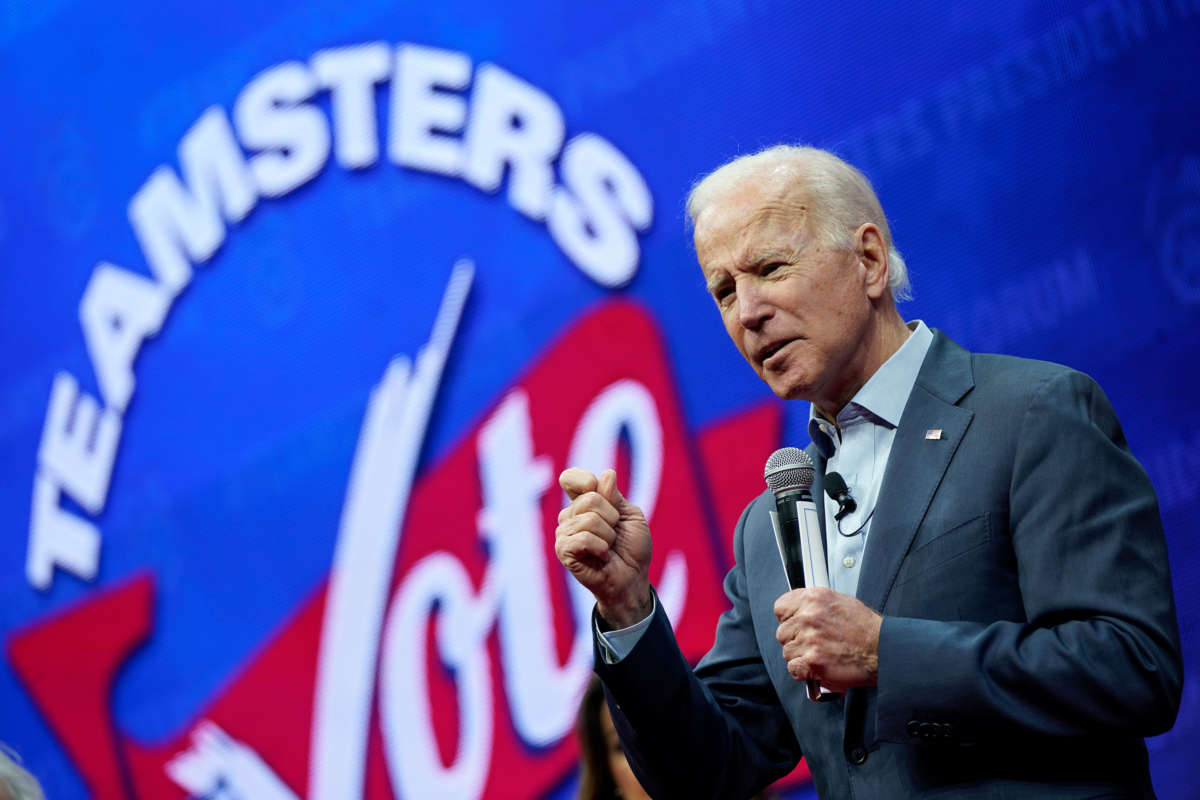 Former U.S. Vice president Joe Biden speaks at the Teamsters Vote 2020 Presidential Candidate Forum December 7, 2019, in Cedar Rapids, Iowa.