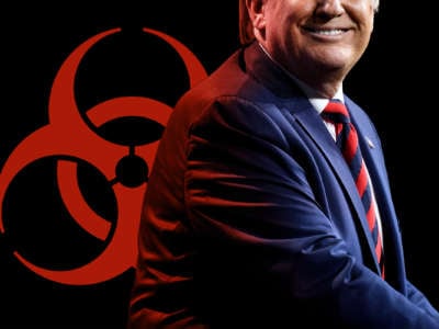 Donald trump sits, smiling, in front of the biohazard symbol
