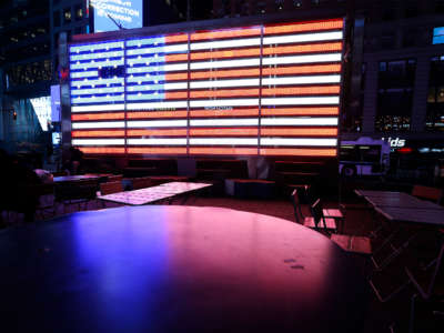 A view of an empty seating area in Times Square during the coronavirus outbreak on March 17, 2020, in New York City.