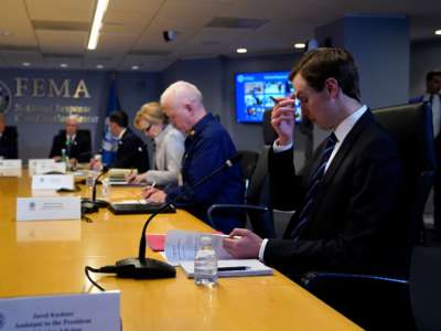 White House adviser Jared Kushner attends a teleconference with governors at the Federal Emergency Management Agency headquarters on March 19, 2020, in Washington, D.C.