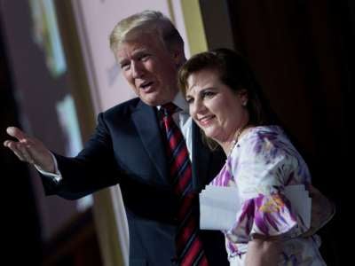 President Trump and Marjorie Dannenfelser, President of Susan B. Anthony List, talk during the Susan B. Anthony List 11th Annual Campaign for Life Gala at the National Building Museum, May 22, 2018, in Washington, D.C.