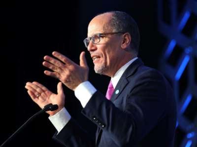 Tom Perez, Democratic National Committee chairman, speaks during the Blue NC Celebration Dinner held at the Hilton Charlotte University Place on February 29, 2020, in Charlotte, North Carolina.