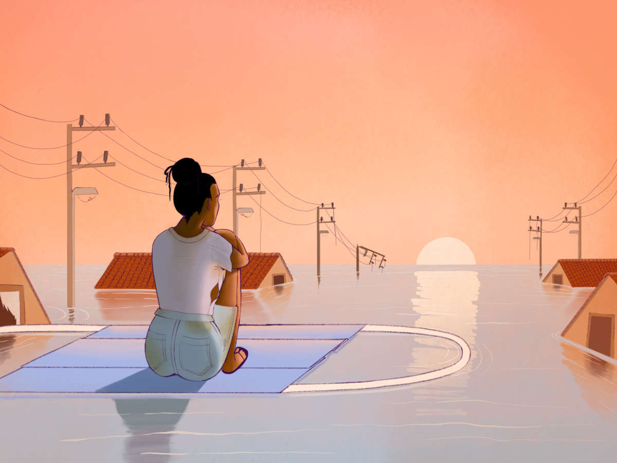 An illustration of a lone woman seated uncomfortably atop a raft made of a single, large face mask, which is floating through a flooded city at sunset