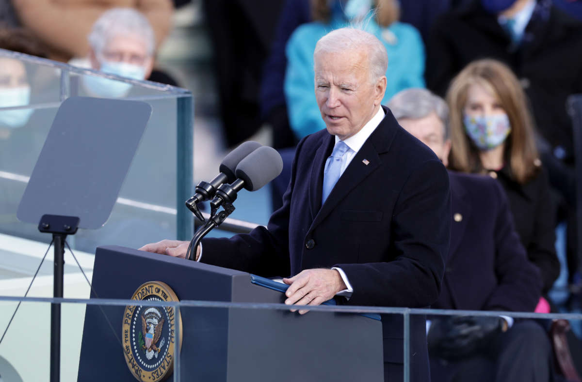 President Joe Biden delivers his inaugural address on the West Front of the U.S. Capitol on January 20, 2021, in Washington, D.C.