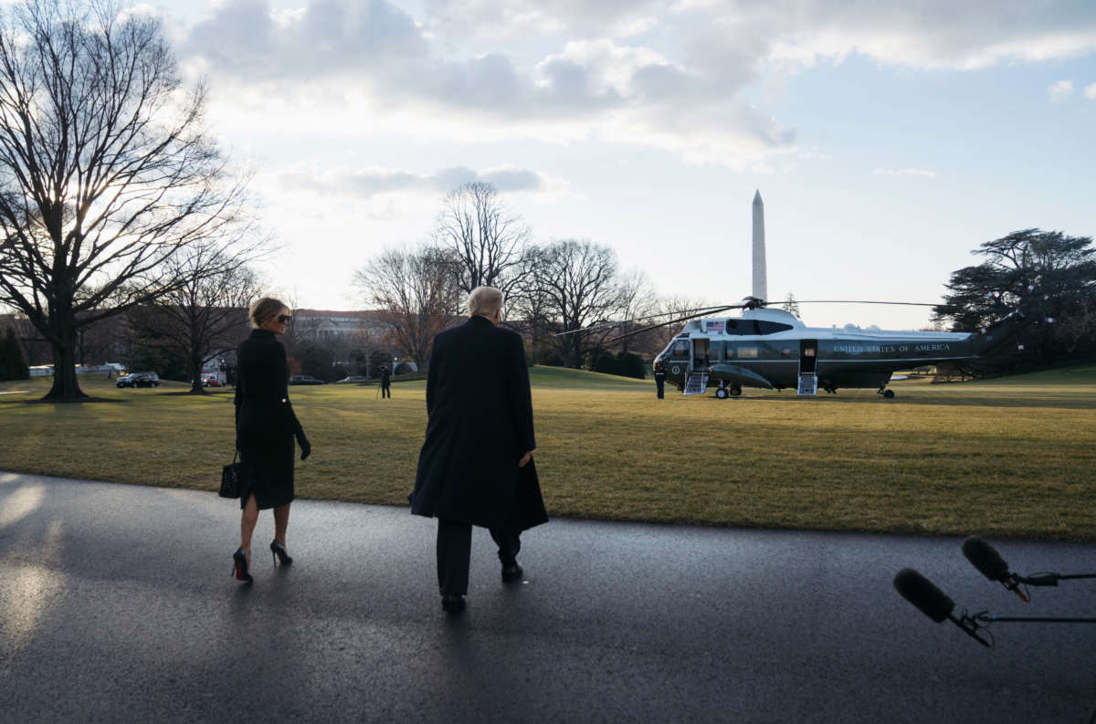 Outgoing President Trump and first lady Melania Trump prepare to depart the White House on Marine One on January 20, 2021, in Washington, D.C.