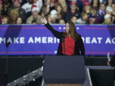 RNC chair Ronna Romney McDaniel waves to the crowd during a Make America Great Again rally at Total Sports Park in Washington Township, Michigan, on April 28, 2018.