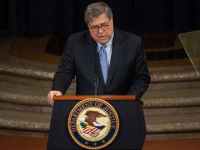 U.S. Attorney General Bill Barr speaks during the Department of Justice National Opioid Summit in Washington, D.C., on March 6, 2020.