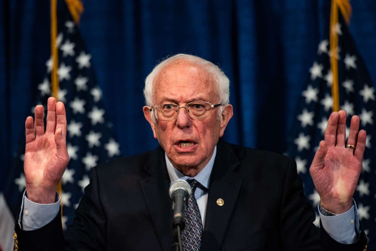 Sen. Bernie Sanders addresses the media at Hotel Vermont during a press conference on Wednesday, March 11, 2020, in Burlington, VT.