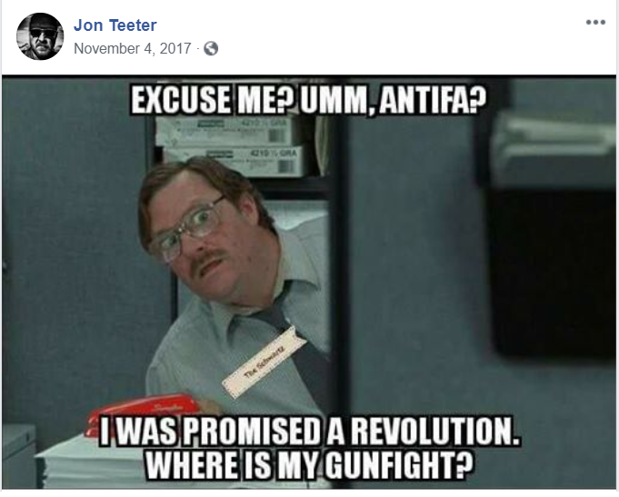 Special Investigative Service employee Jon Teeter publicly posts a "meme" about a far-right conspiracy regarding "antifa" to his Facebook account in November 4, 2017.