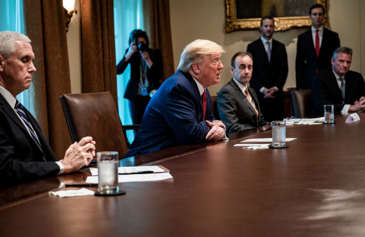 President Trump meets with supply chain distributors in reference to the COVID-19 coronavirus pandemic, in the Cabinet Room in the West Wing at the White House on March 29, 2020.