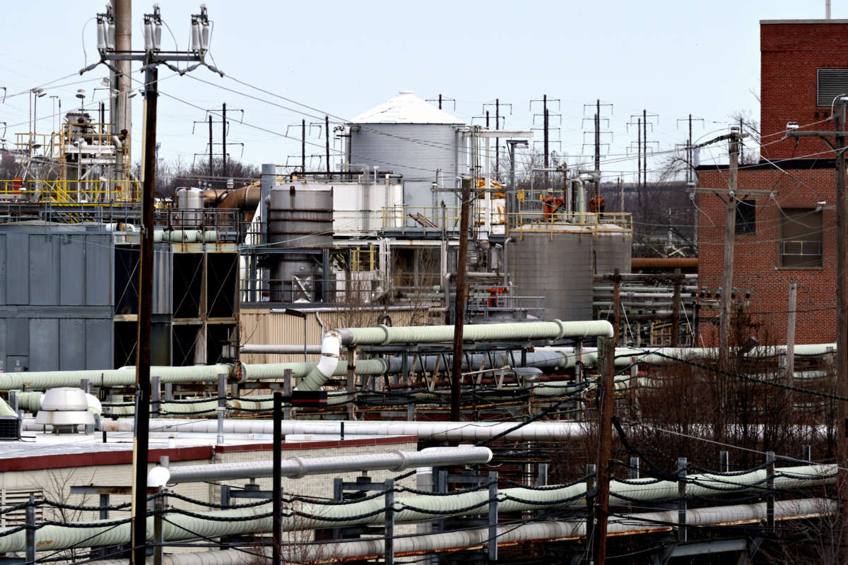 General view of part of the facilities of Dow Chemicals and Solvay USA Inc, in Bristol, Bucks County, Pennsylvania, on February 6, 2019. While several companies in the chemical industry, including 3m, DuPont and Solvay, have phased out products linked to toxic chemicals from the per- and polyfuoroalkyl (PFAS) substances group, there are 2,500 industrial manufacturing and chemical facilities that could be releasing replacement PFAS into the air and water.