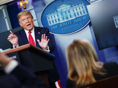 President Trump answers questions from the press during the daily briefing on the novel coronavirus in the Brady Briefing Room at the White House on April 13, 2020, in Washington, D.C.
