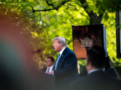 President Trump speaks with members of the coronavirus task force during a briefing in response to the COVID-19 coronavirus pandemic in the Rose Garden at the White House on April 15, 2020, in Washington, D.C.