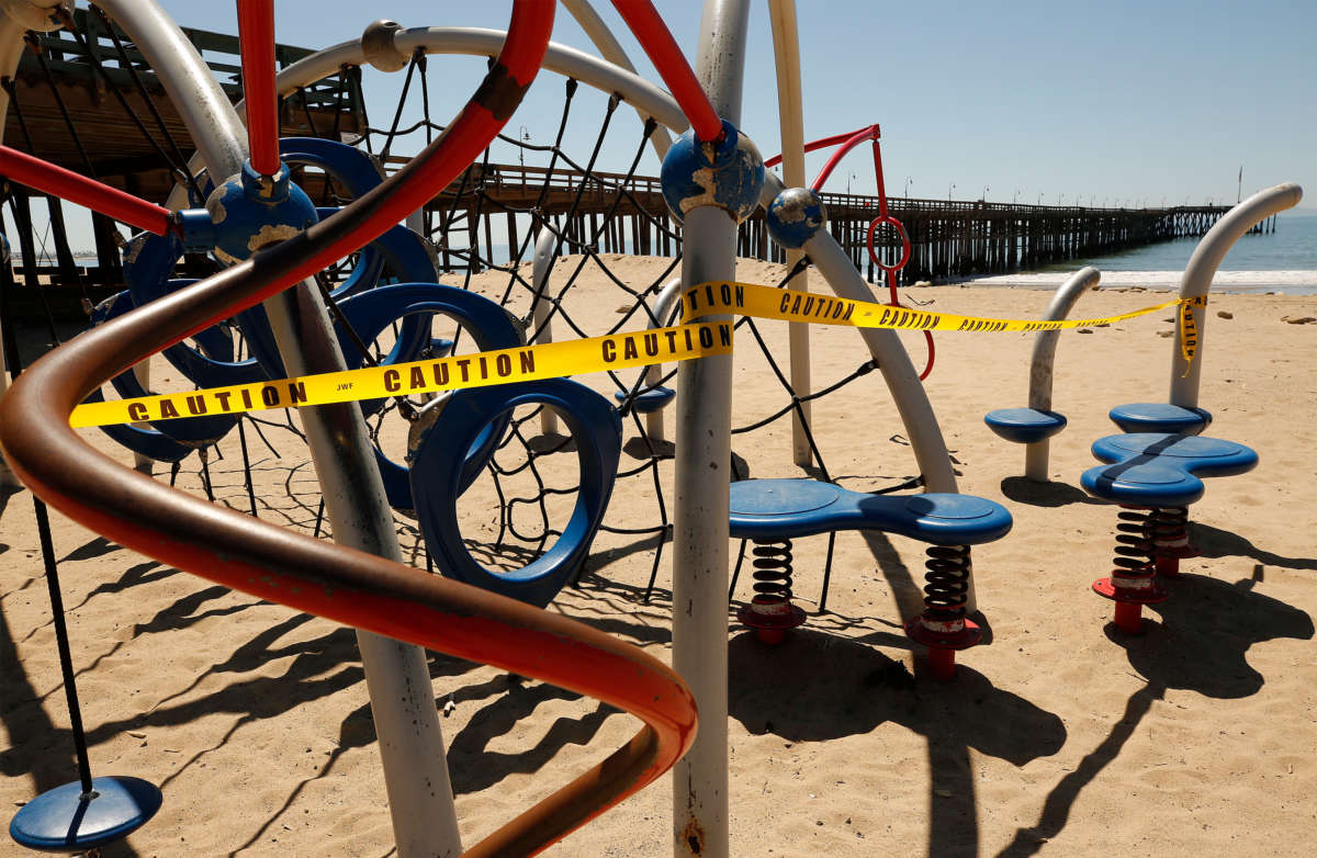 Ventura Promenade Beach Playground is closed as Ventura City has closed its parks, beach and pier as the sunshine and warm temperatures brought people to the beach despite warnings about the COVID-19 pandemic, April 15, 2020, in Ventura, CA.