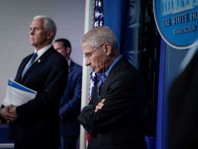 Vice President Mike Pence and Dr. Anthony Fauci, director of the National Institute of Allergy and Infectious Diseases, attend a briefing on the coronavirus pandemic, in the press briefing room of the White House on March 24, 2020, in Washington, D.C.