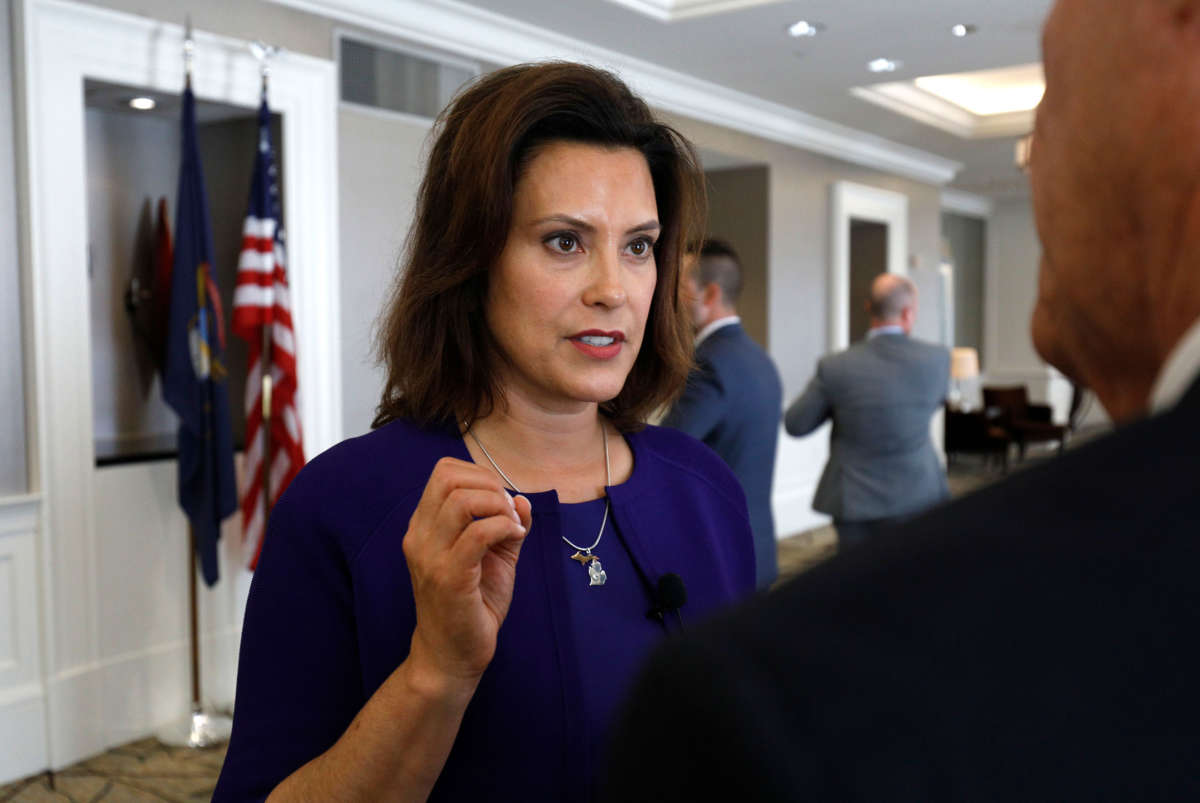 Gretchen Whitmer, then-Michigan Democratic gubernatorial nominee, speaks with a reporter after a Democrat Unity Rally at the Westin Book Cadillac Hotel August 8, 2018, in Detroit, Michigan.