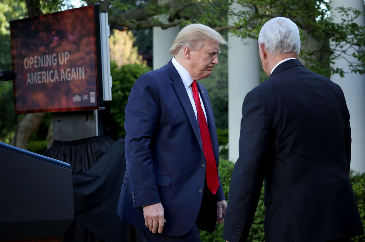 President Donald Trump departs the Rose Garden with Vice President Mike Pence following the daily briefing of the coronavirus task force at the White House on April 27, 2020, in Washington, D.C.