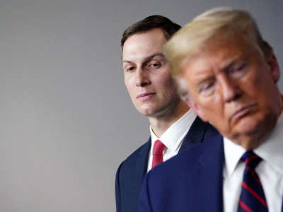 President Trump speaks, flanked by Senior Advisor to the President Jared Kushner, during the daily briefing on COVID-19, in the Brady Briefing Room at the White House on April 2, 2020, in Washington, D.C.