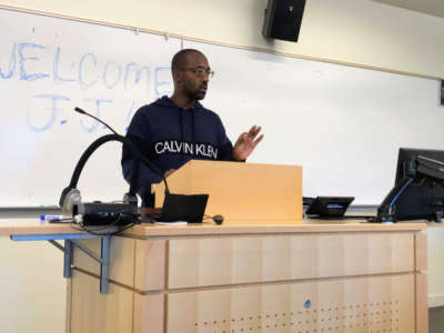 Jeremiah Bourgeois gives a presentation to students at the University of Washington School of Law three days after being released from prison.