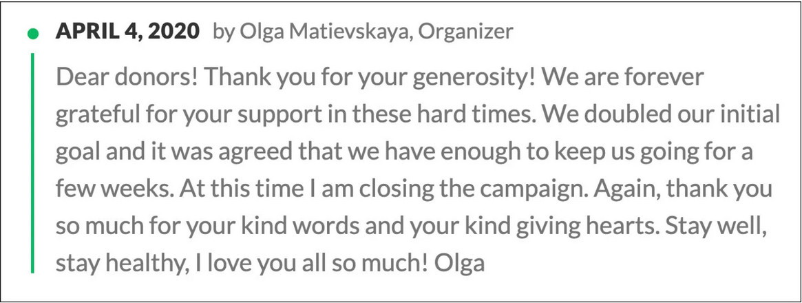 A screenshot of a GoFundMe post by nurse Olga Matievskaya, who was suspended by Newark Beth Israel for distributing “unauthorized medical supplies.”