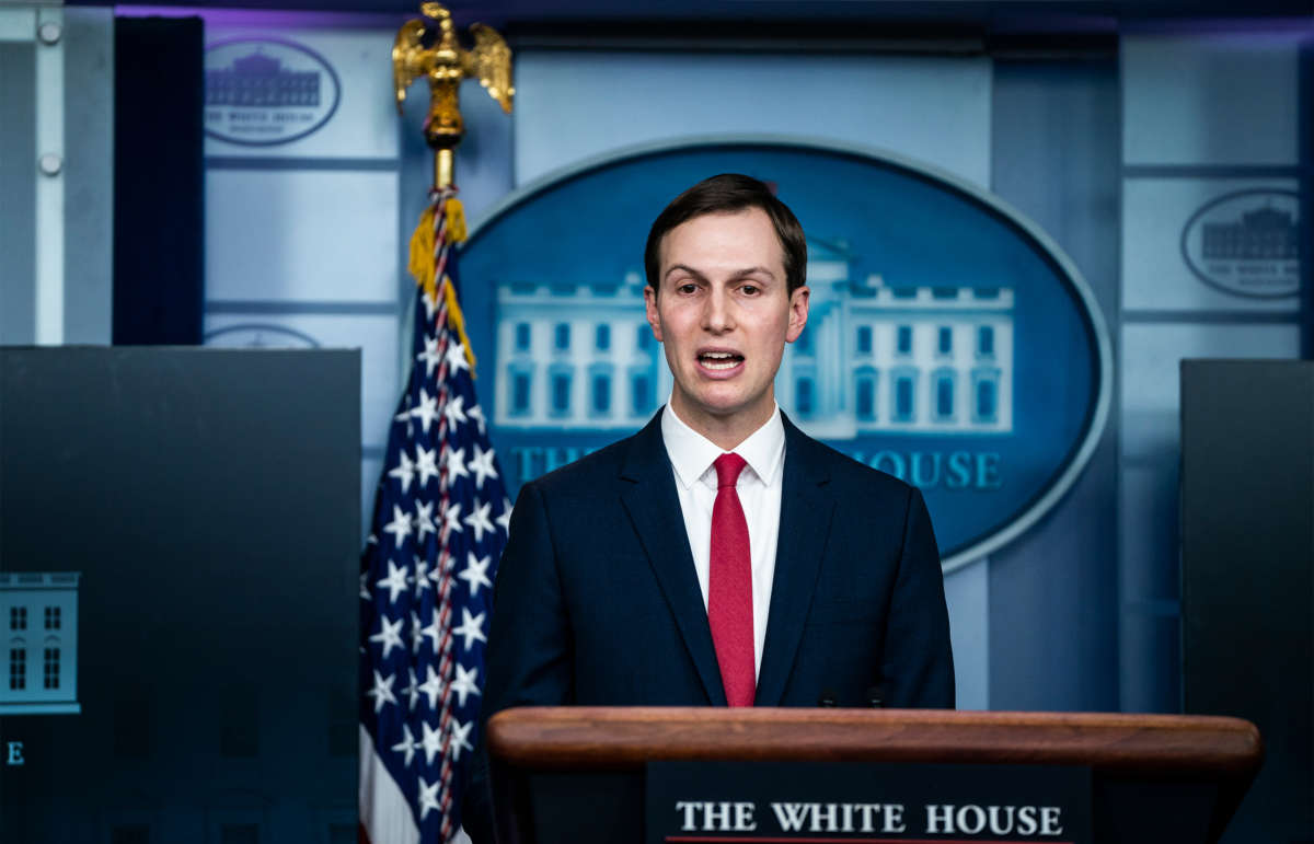 Jared Kushner speaks during a briefing in response to the COVID-19 pandemic in the James S. Brady Press Briefing Room at the White House on April 2, 2020, in Washington, D.C.