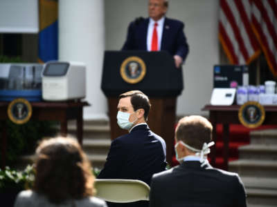 White House Senior Advisor and son-in-law Jared Kushner looks on as President Trump holds a news conference on the novel coronavirus in the Rose Garden of the White House in Washington, D.C., on May 11, 2020.