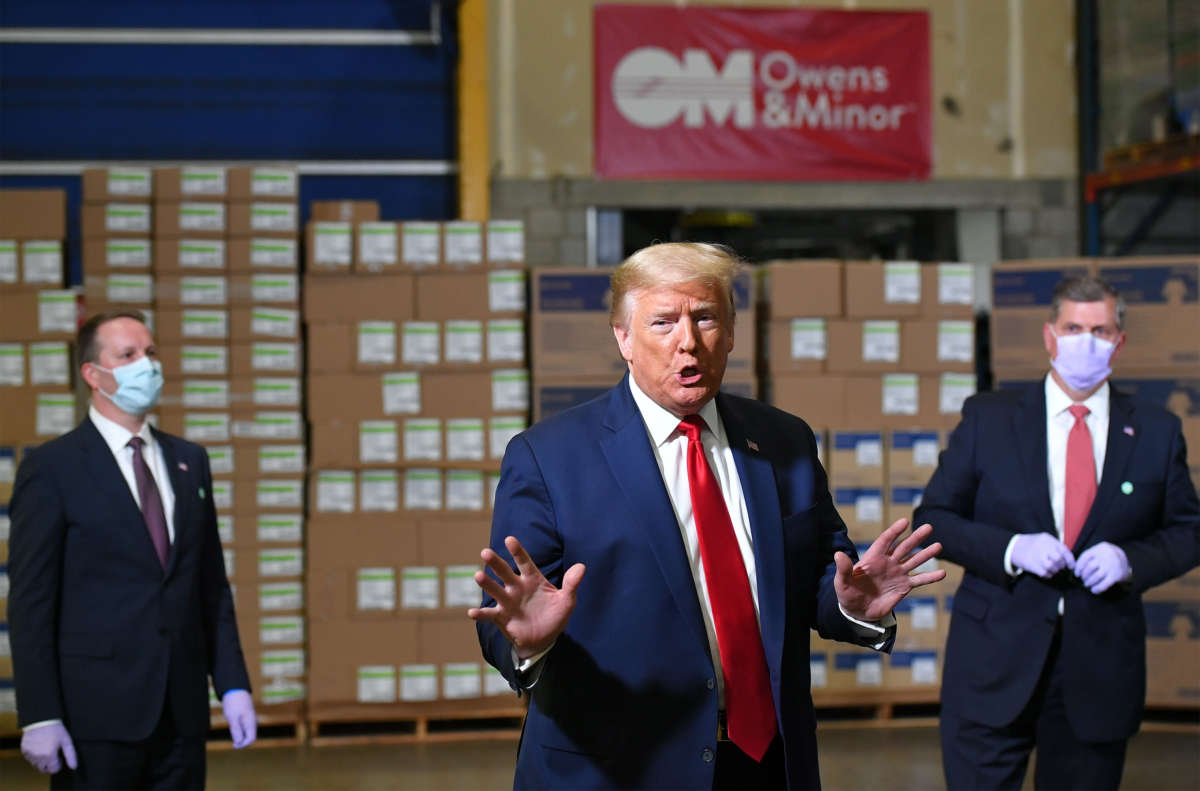 President Trump speaks as he tours an Owens & Minor, Inc., medical supplies distribution center in Allentown, Pennsylvania, on May 14, 2020.