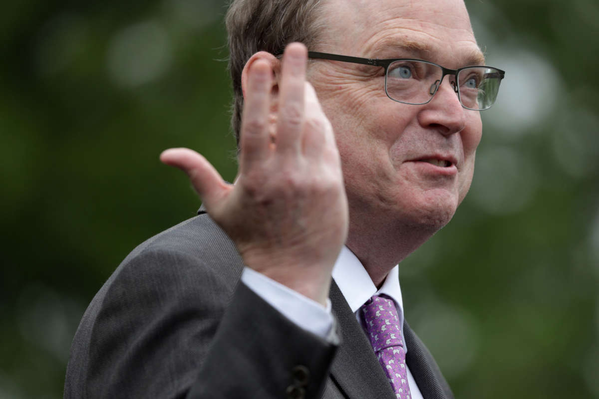 White House economic adviser Kevin Hassett speaks to members of the press in front of the West Wing of the White House, May 22, 2020, in Washington, D.C.