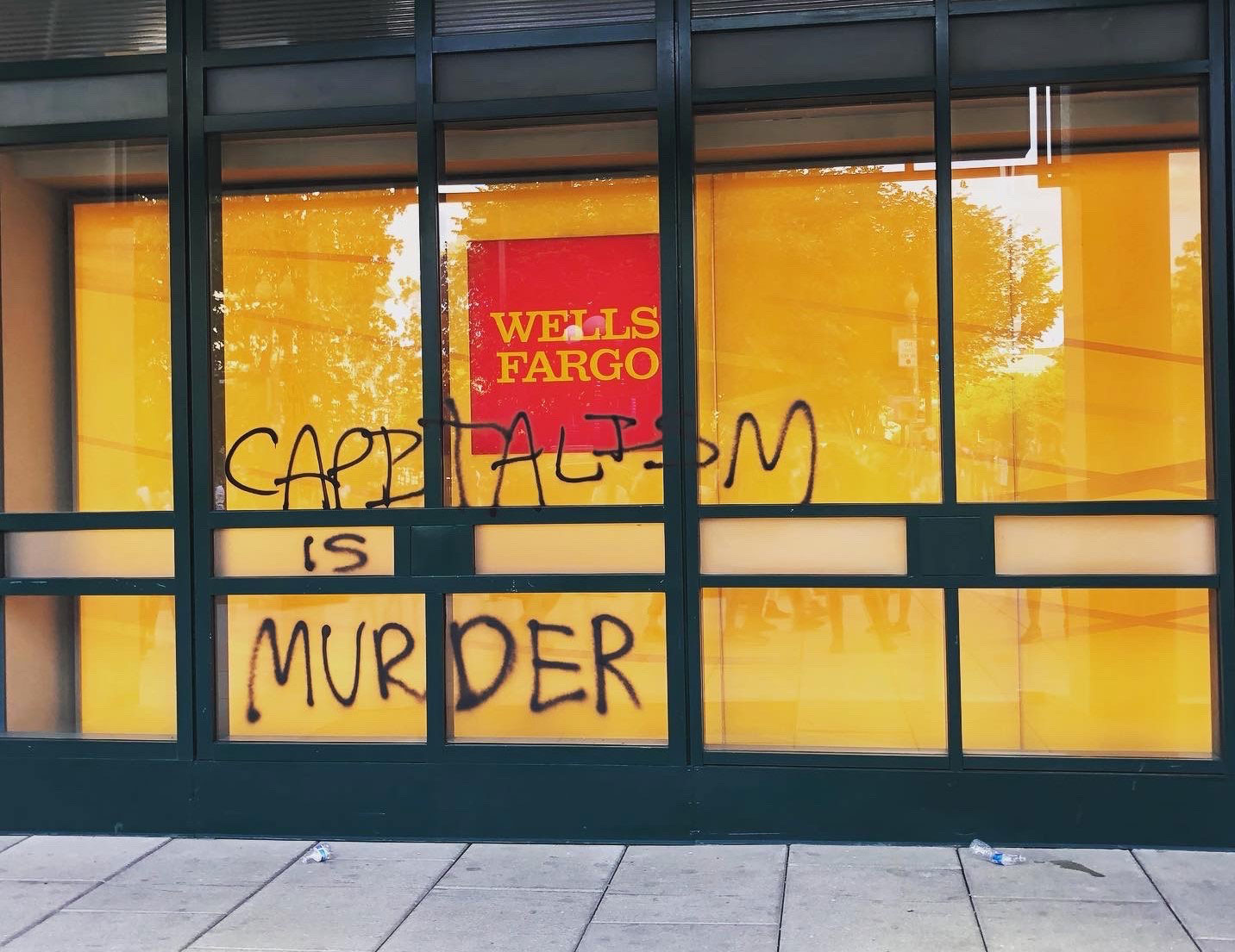 The phrase “Capitalism is murder” appears on a Wells Fargo building on May 30. This phrase is often used to remind viewers that the country that capitalism is killing Black people, Indigenous people and people of color. Wells Fargo, for example, funds private prisons, Immigration and Customs Enforcement detention centers, pipelines on Indigenous lands, and has a history of giving predatory loans. 