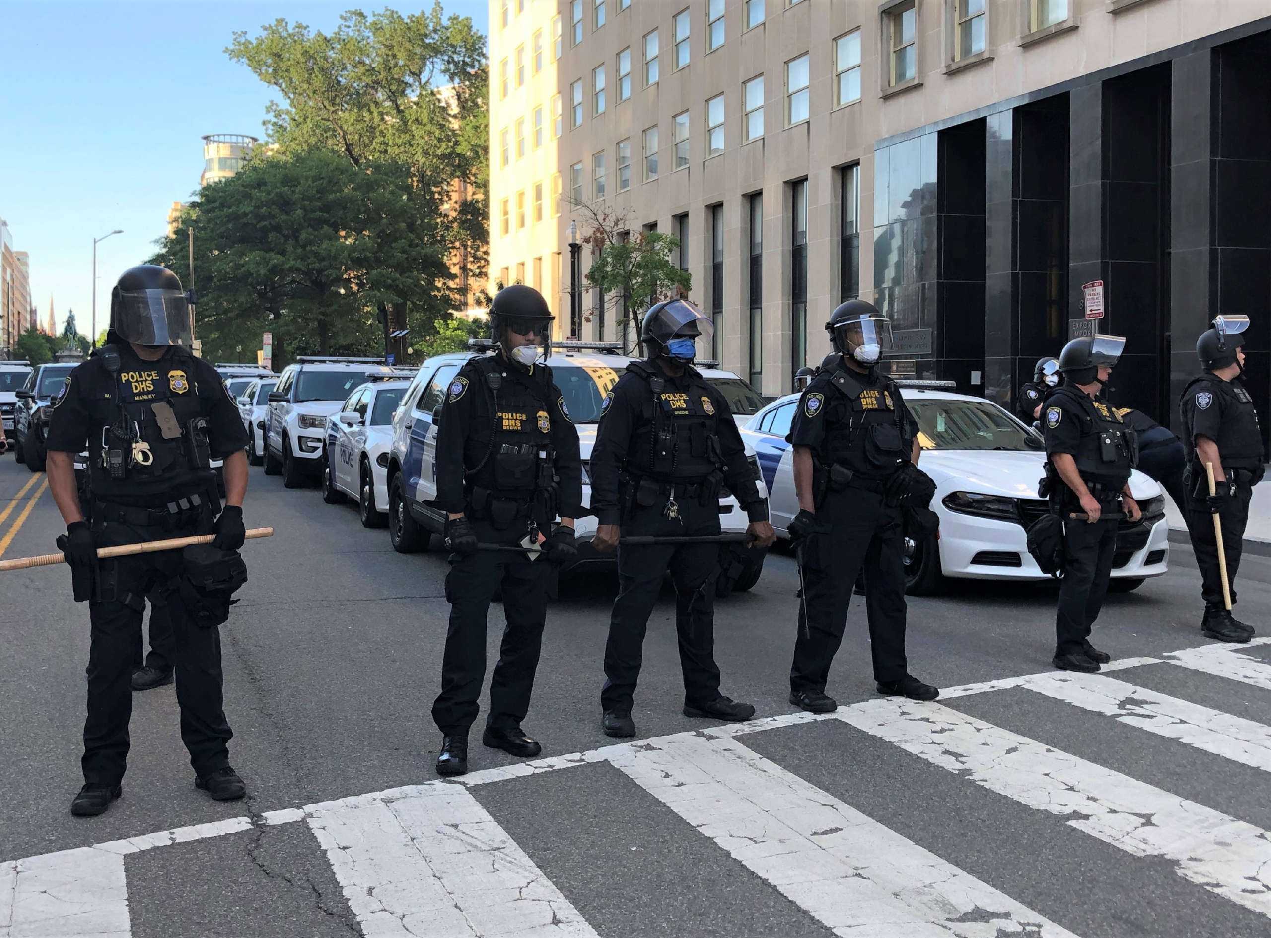 Law enforcement agents and the military were out in full force on June 1, shooting bean bags and flash-bangs, assaulting and using tear gas against peaceful protesters. This photo shows Department of Homeland Security officers “protecting” a D.C. Street.