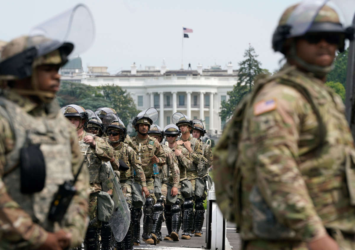 National Guard members deploy near the White House as peaceful protests are scheduled against police brutality and the death of George Floyd, on June 6, 2020, in Washington, D.C.
