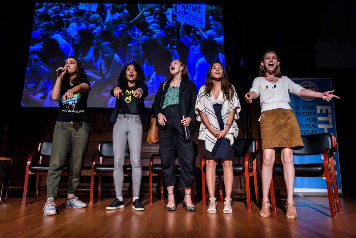 Youth climate strike organizers, including Jamie Margolin (left), stand during a panel held at The New York Society for Ethical Culture, September 23, 2019.