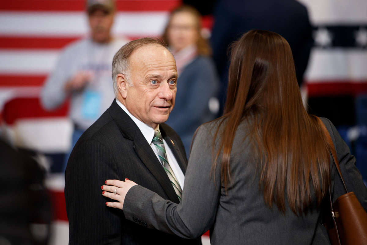 Rep. Steve King speaks to a member of the audience ahead of a campaign rally inside of the Knapp Center arena at Drake University on January 30, 2020, in Des Moines, Iowa.