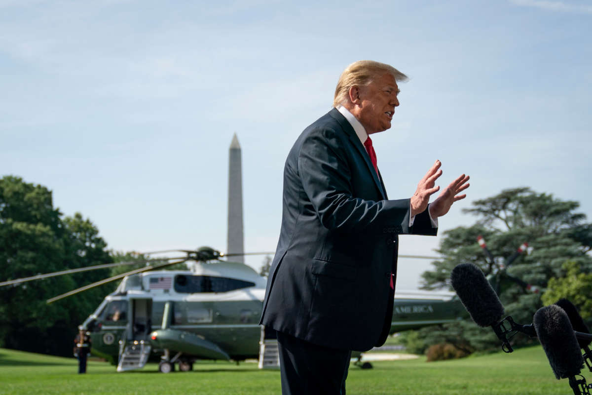 President Trump speaks to reporters before boarding Marine One on the South Lawn of the White House on June 23, 2020, in Washington, D.C.
