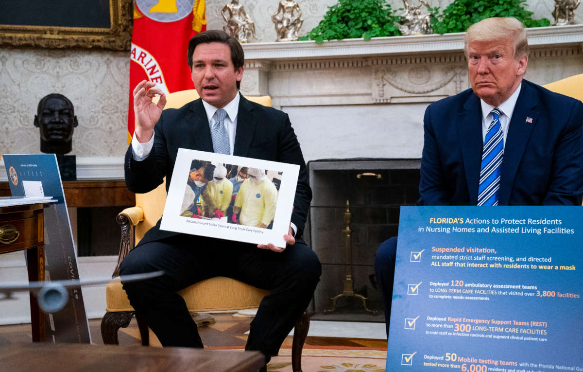 Florida Gov. Ron DeSantis speaks while meeting with President Trump in the Oval Office of the White House on April 28, 2020, in Washington, D.C.