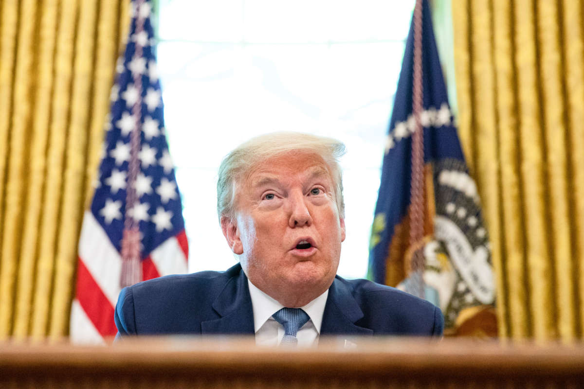President Trump speaks in the Oval Office of the White House in Washington, D.C. on May 15, 2020.