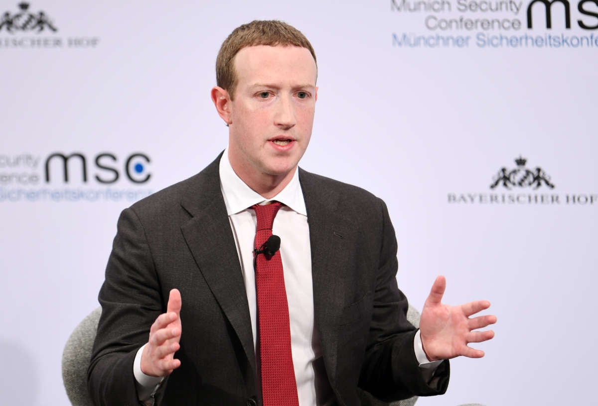 Facebook CEO Mark Zuckerberg speaks on the second day of the 56th Munich Security Conference in Munich, Germany, on February 15, 2020.