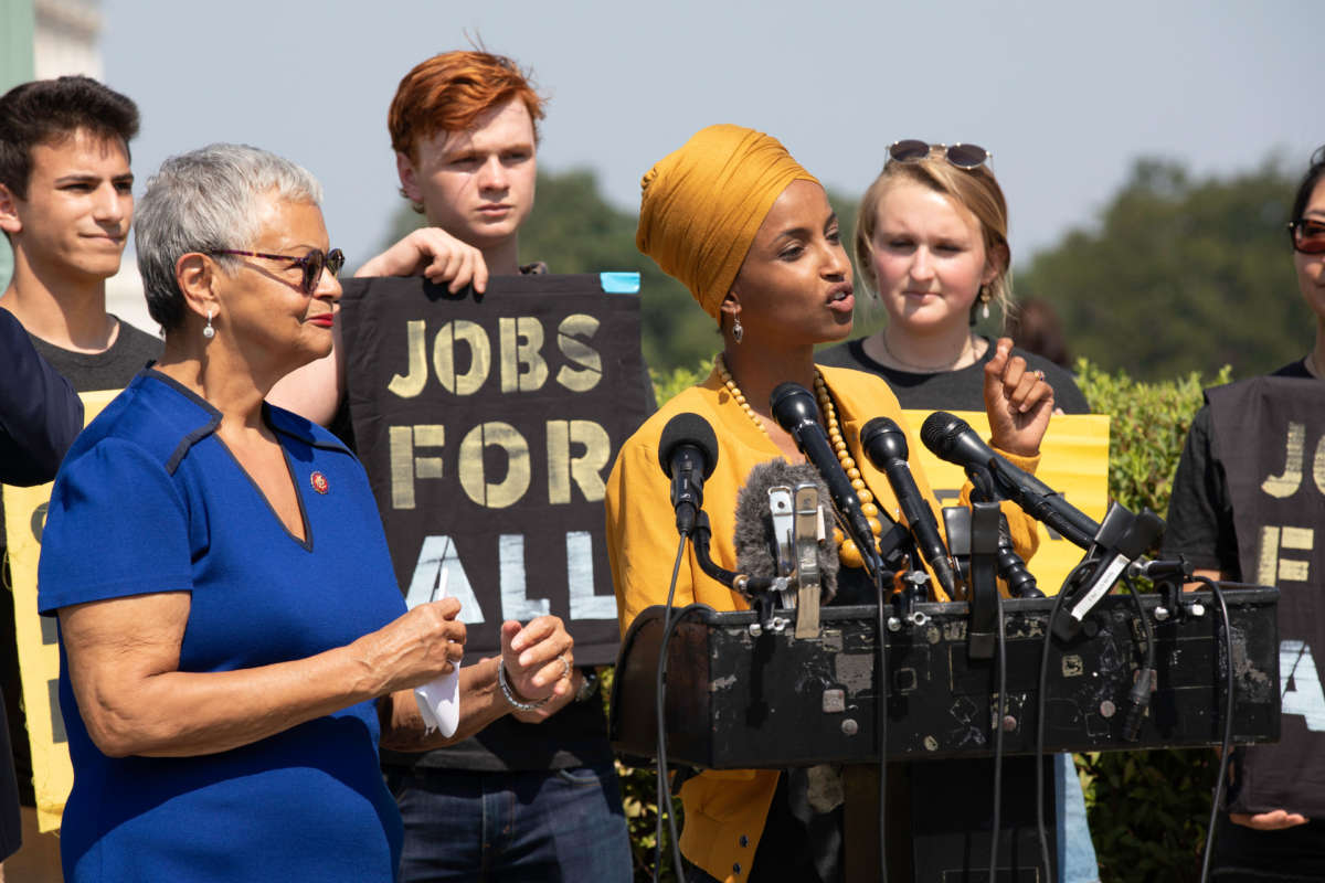 Rep. Ilhan Omar and Rep. Bonnie Watson Coleman hold a news conference to discuss legislation introducing a federal jobs guarantee bill at the U.S. Capitol in Washington, D.C., September 12, 2019.