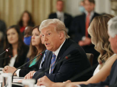 President Trump speaks during an event with students, teachers and administrators about how to safely re-open schools during the COVID-19 pandemic in the East Room at the White House, July 7, 2020, in Washington, D.C.