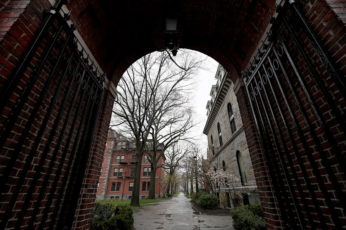 An empty Harvard Yard at Harvard University in Cambridge, Massachusetts, on April 27, 2020.