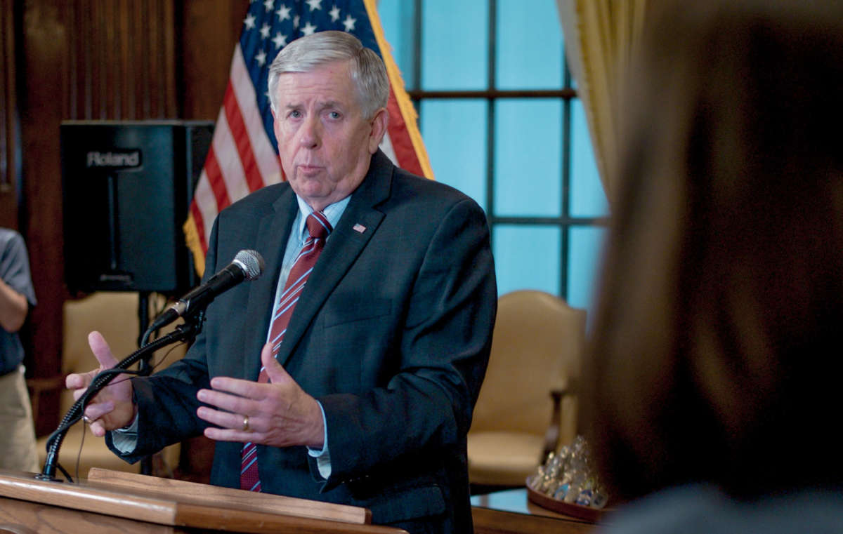 Gov. Mike Parson responds to a media question during a press conference on May 29, 2019, in Jefferson City, Missouri.