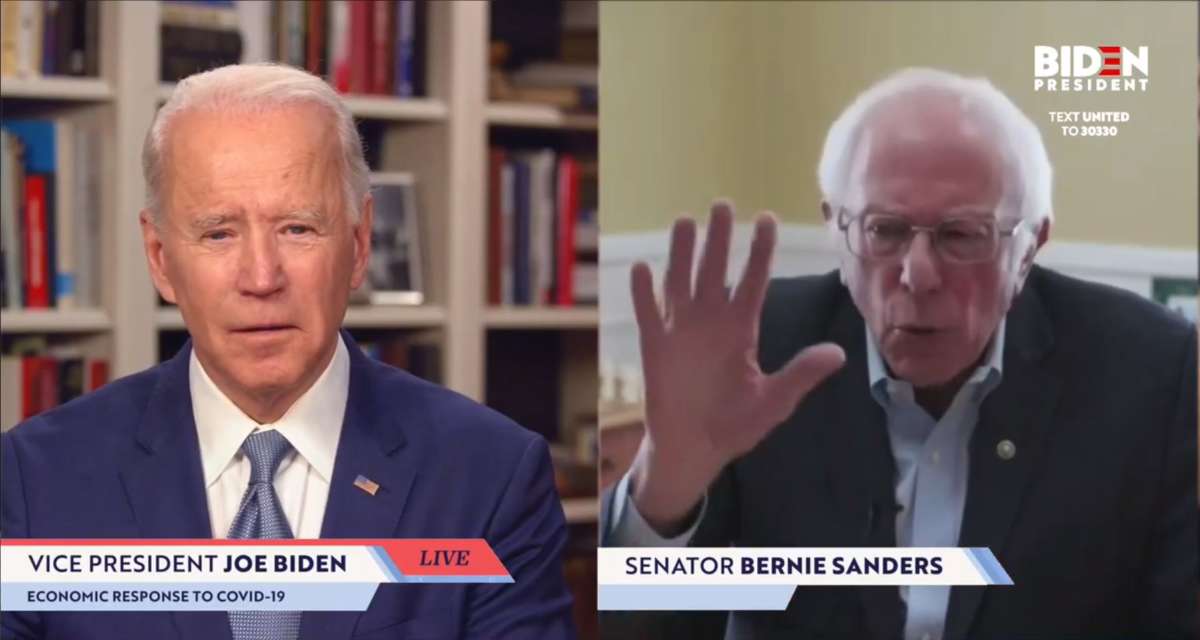 Sen. Bernie Sanders endorses Democratic presidential candidate former Vice President Joe Biden during a live streaming broadcast on April 13, 2020.