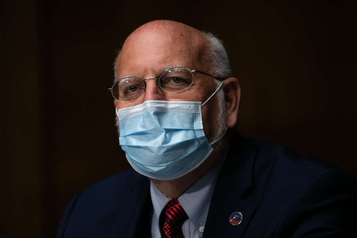 Centers for Disease Control and Prevention Director Robert R. Redfield looks on while testifying at a Senate subcommittee hearing on Capitol Hill on July 2, 2020, in Washington, D.C.