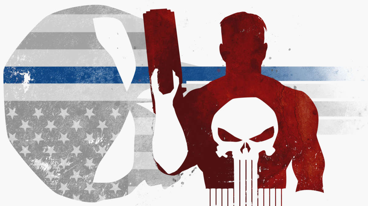 Punisher silhouette over Thin Blue Line flag Punisher skull