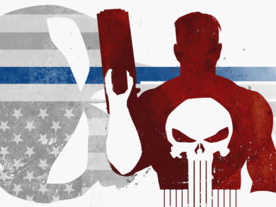 Punisher silhouette over Thin Blue Line flag Punisher skull