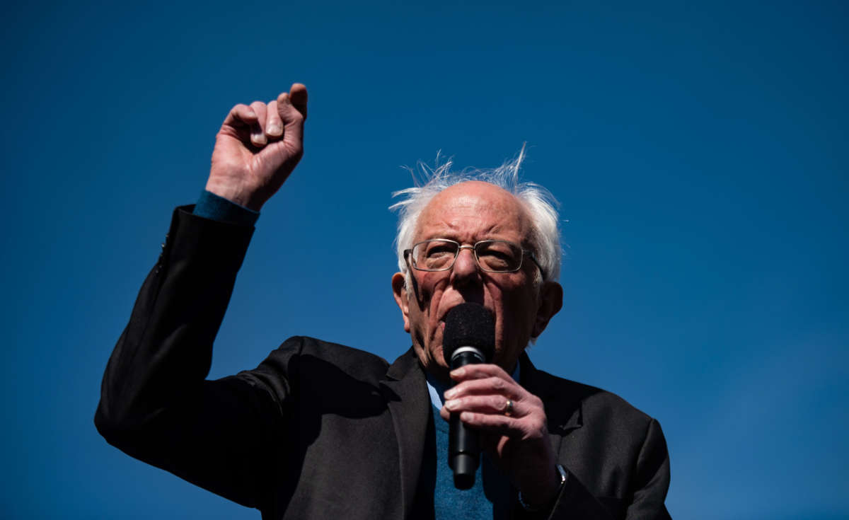 Sen. Bernie Sanders speaks during a rally at Calder Plaza on March 8, 2020, in Grand Rapids, Michigan.