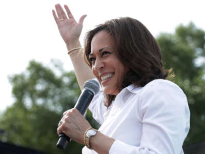 Sen. Kamala Harris delivers a campaign speech at the Des Moines Register Political Soapbox at the Iowa State Fair on August 10, 2019, in Des Moines, Iowa.